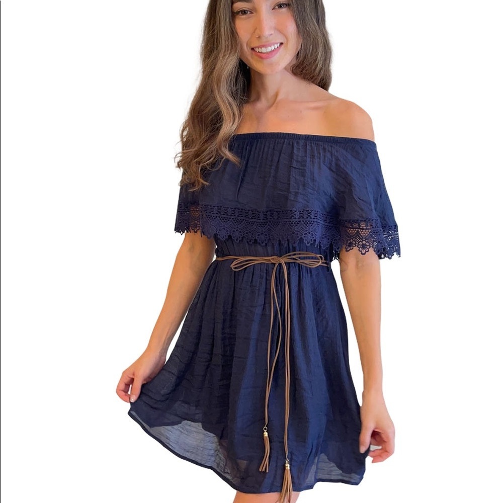 Navy Off the Shoulder Gauze Dress
